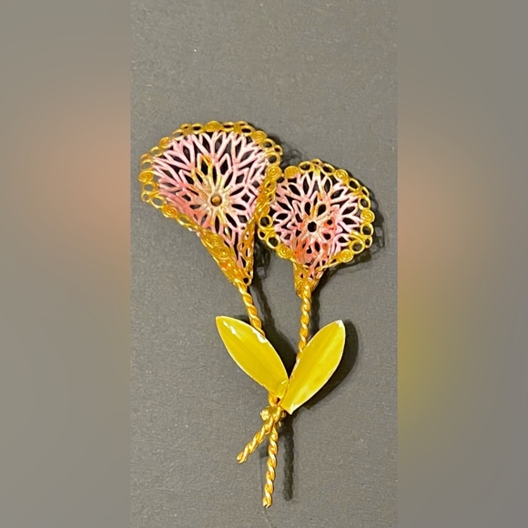 Gold-Tone Enamel Brooch/Pin Light Pink Flowers and Yellow Leaves, 3”L x 1.5”W - Picture 1 of 6